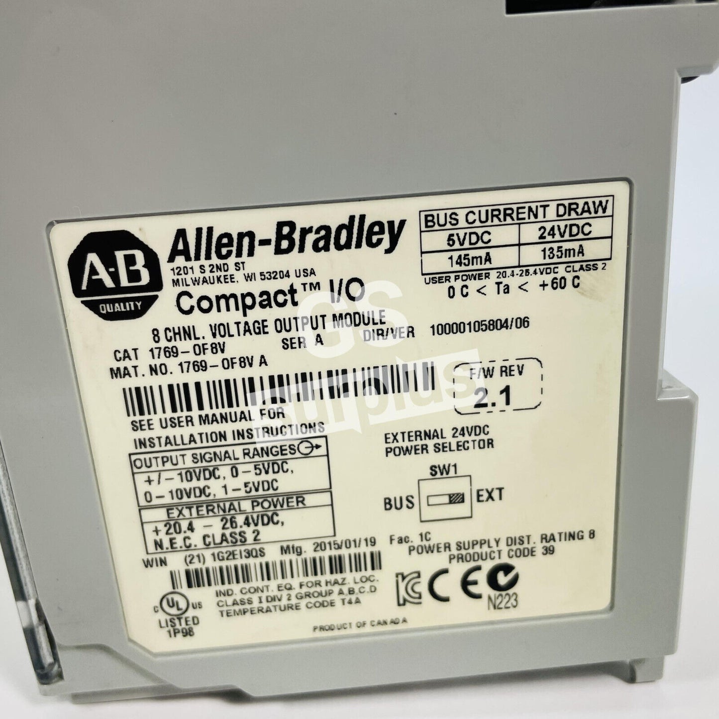 ALLEN BRADLEY 1769-OF8V /A 8 Channel Voltage Output Module