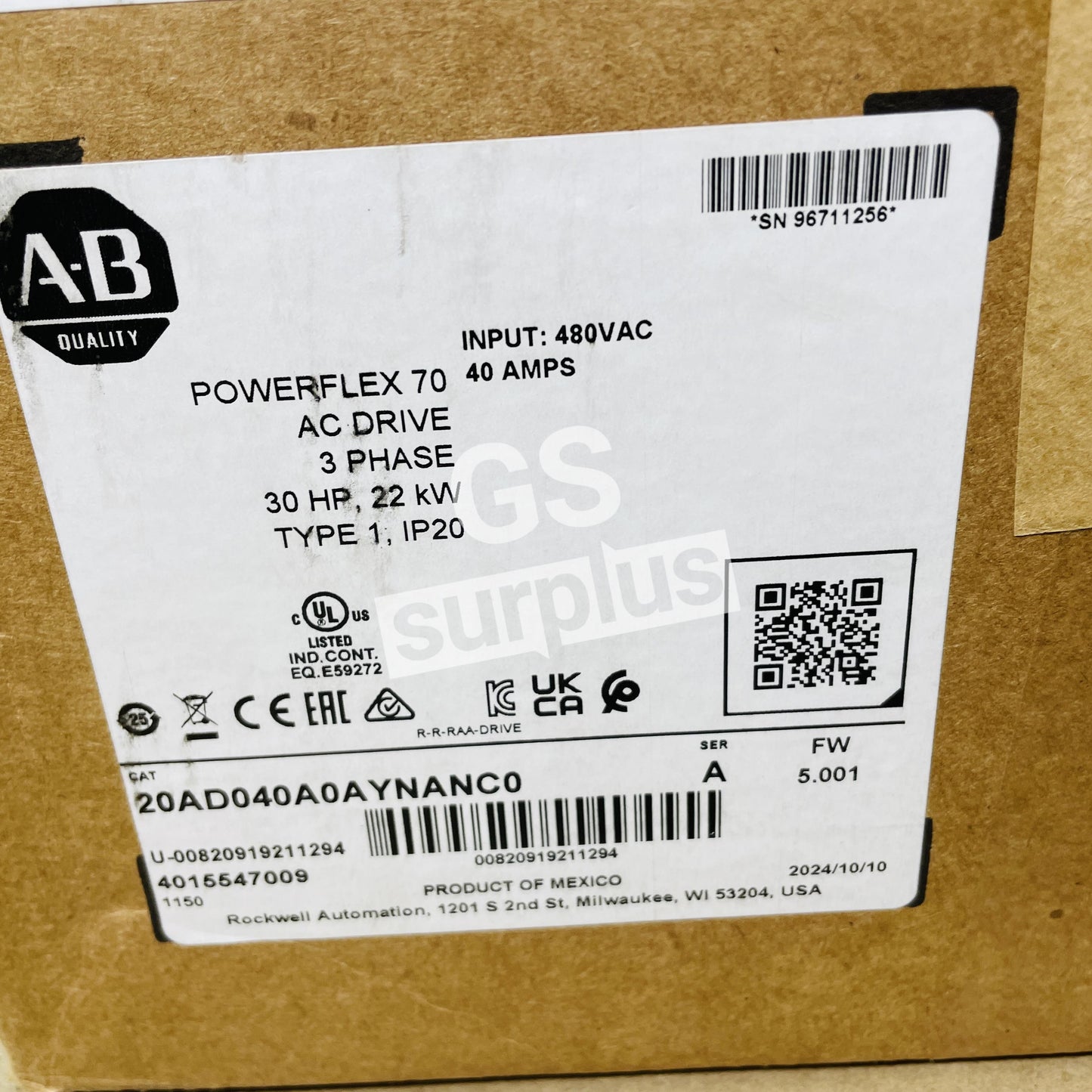 ALLEN BRADLEY 20AD040A0AYNANC0 /A POWERFLEX 70 AC Drive 30HP 22kW