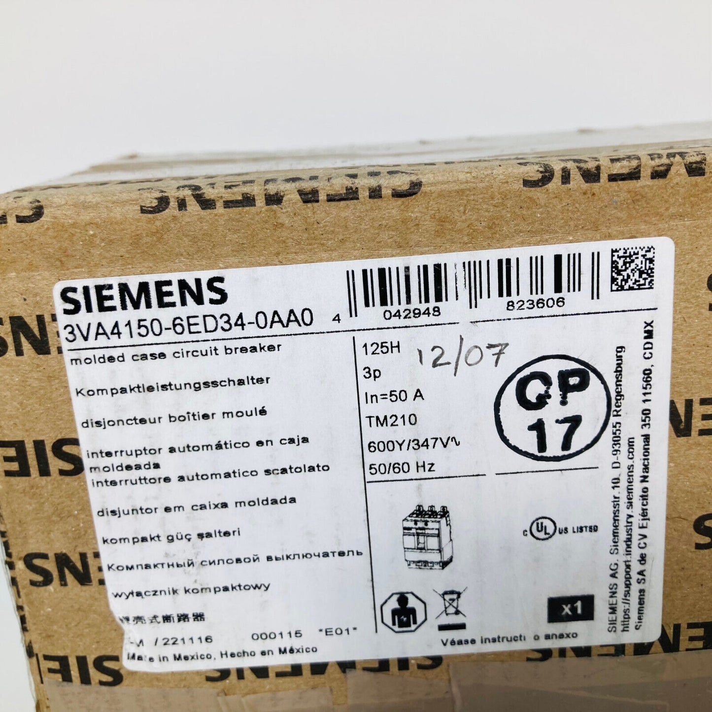 SIEMENS 3VA4150-4ED34-0AA0 BREAKER 3POLE 50AMP 600VOLT