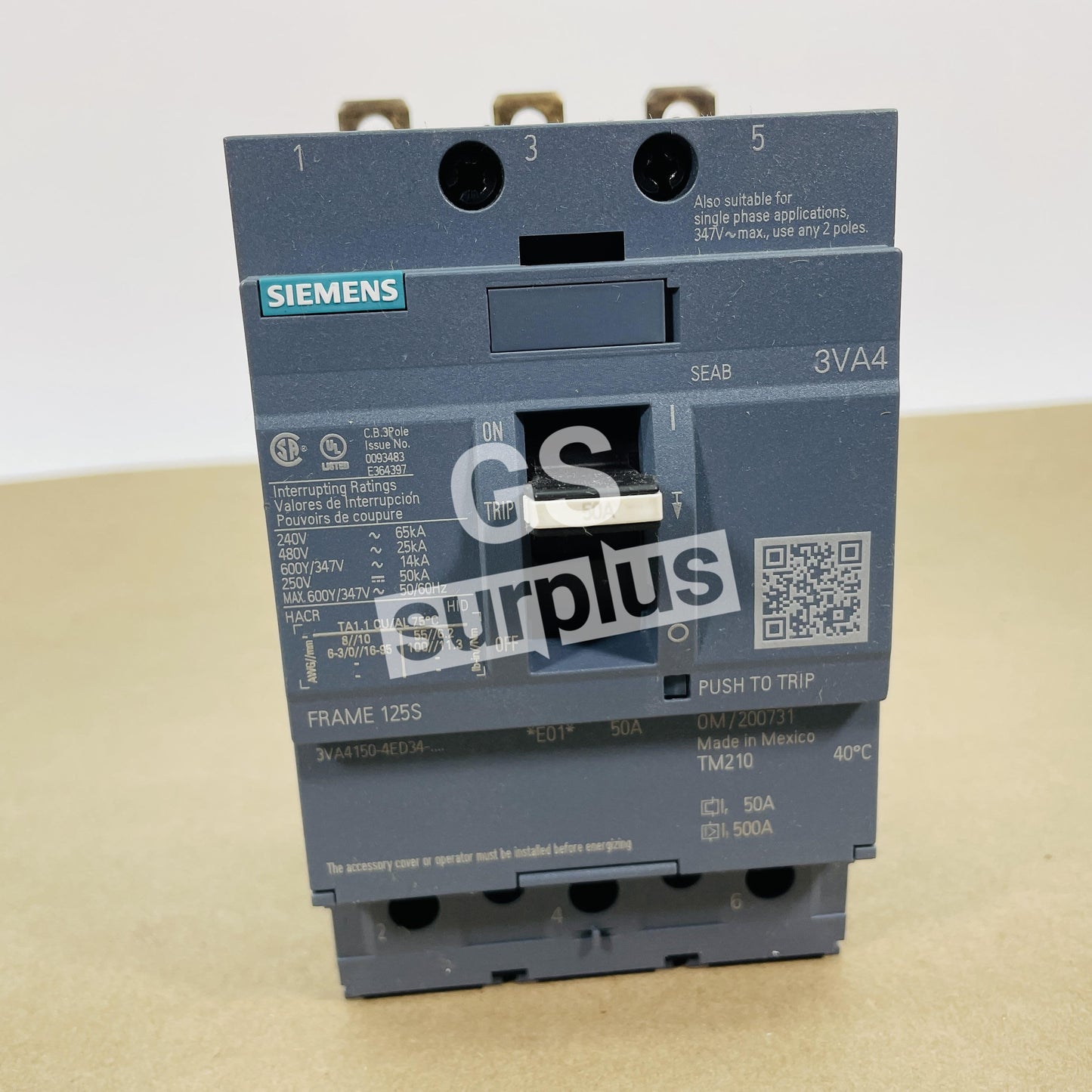 SIEMENS 3VA4150-4ED34-0AA0 BREAKER 3POLE 50AMP 600VOLT