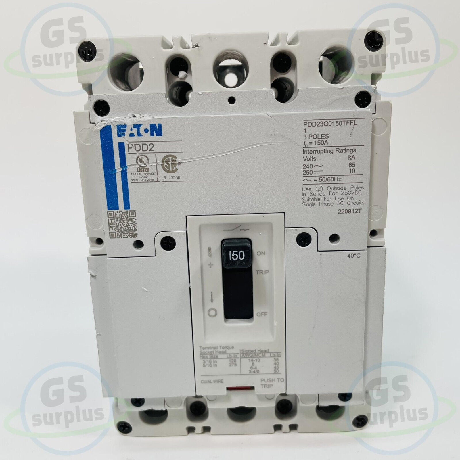 EATON PDD23G0150TFFL Interruttore Automatico 150A 240VAC 3 Poli - Nuovo Con Segni