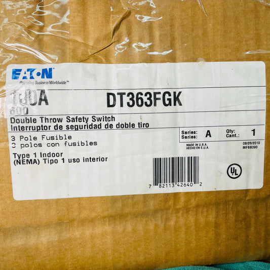 New Eaton  DT363FGK  100A Double Throw Safety Switch 3 Pole Fusible