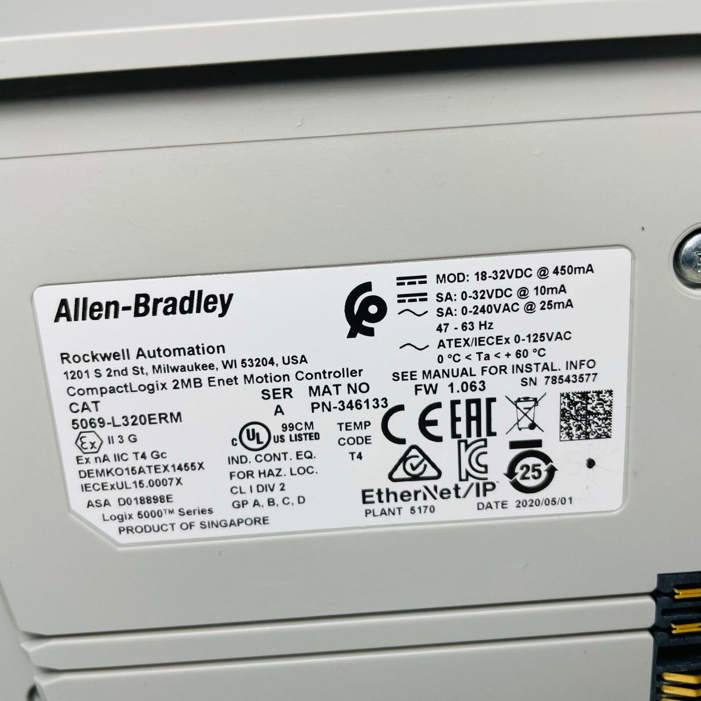 New Allen Bradley 5069-L320ERM /A CompactLogix Motion Controller