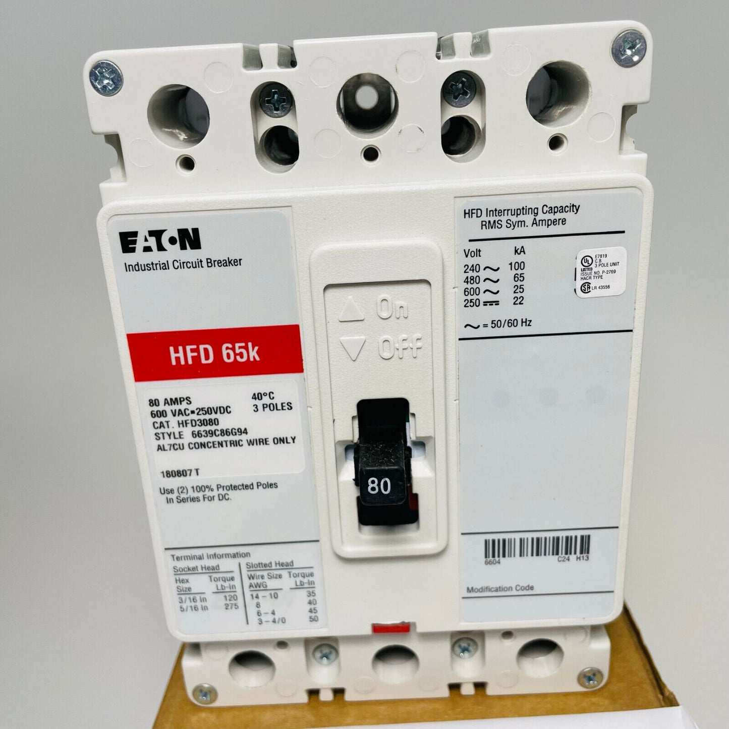 New Eaton HFD3080 Circuit Breaker 80 Amp 600V 3 Pole