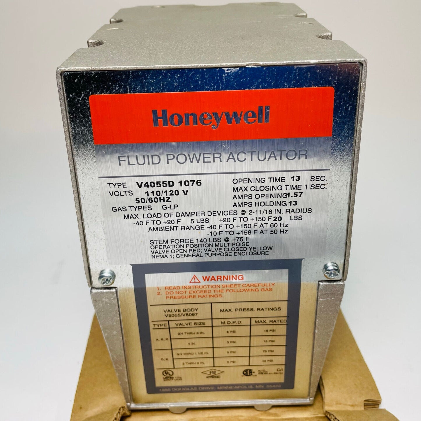 Cleaver Brooks CB945-143 Honeywell V4055D 1076 Fluid Power Gas Valve Actuator