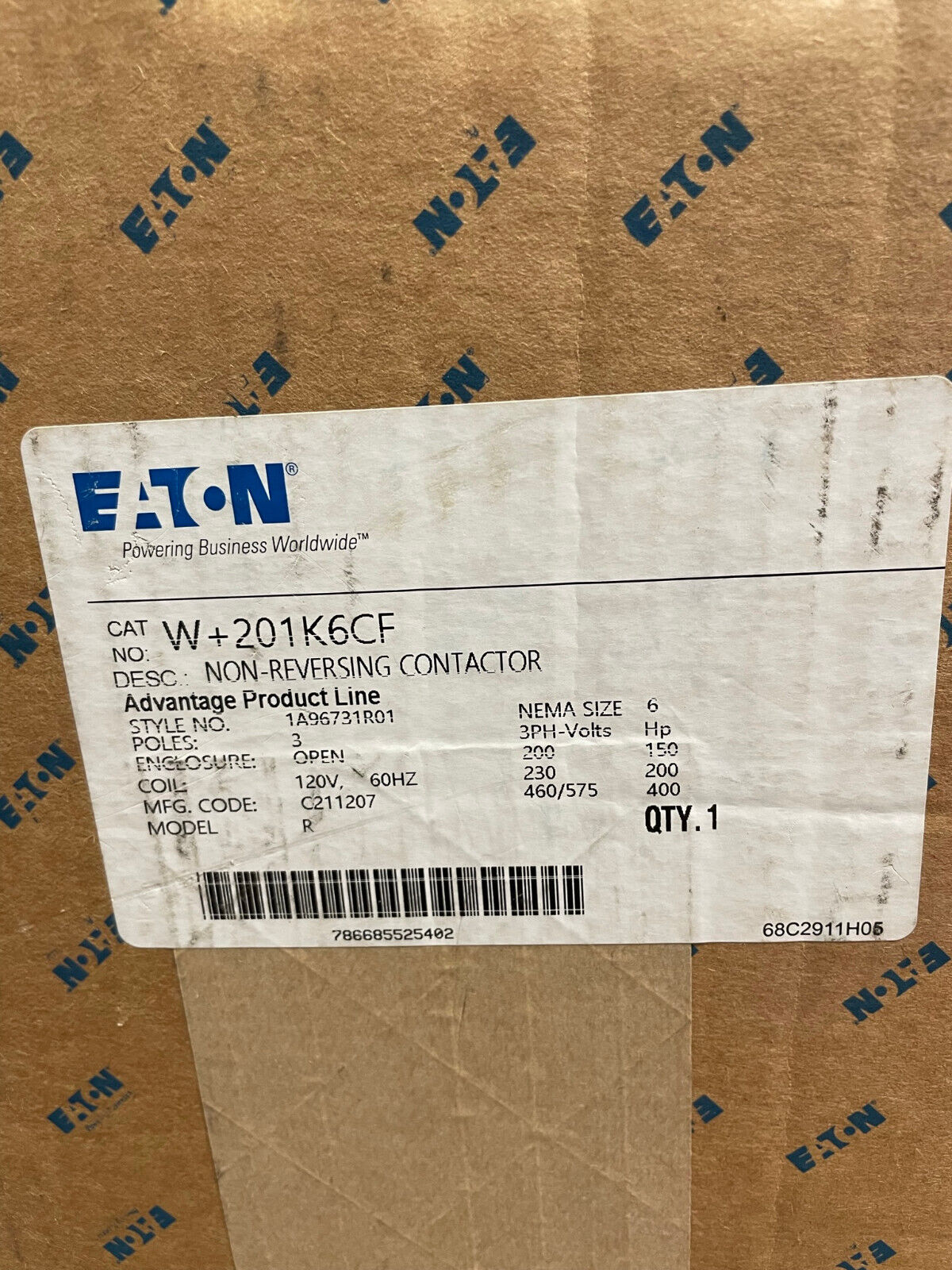 NEW EATON CUTLER-HAMMER W+201K6CF / W201K6CF  SIZE 6 60 HZ CONTACTOR