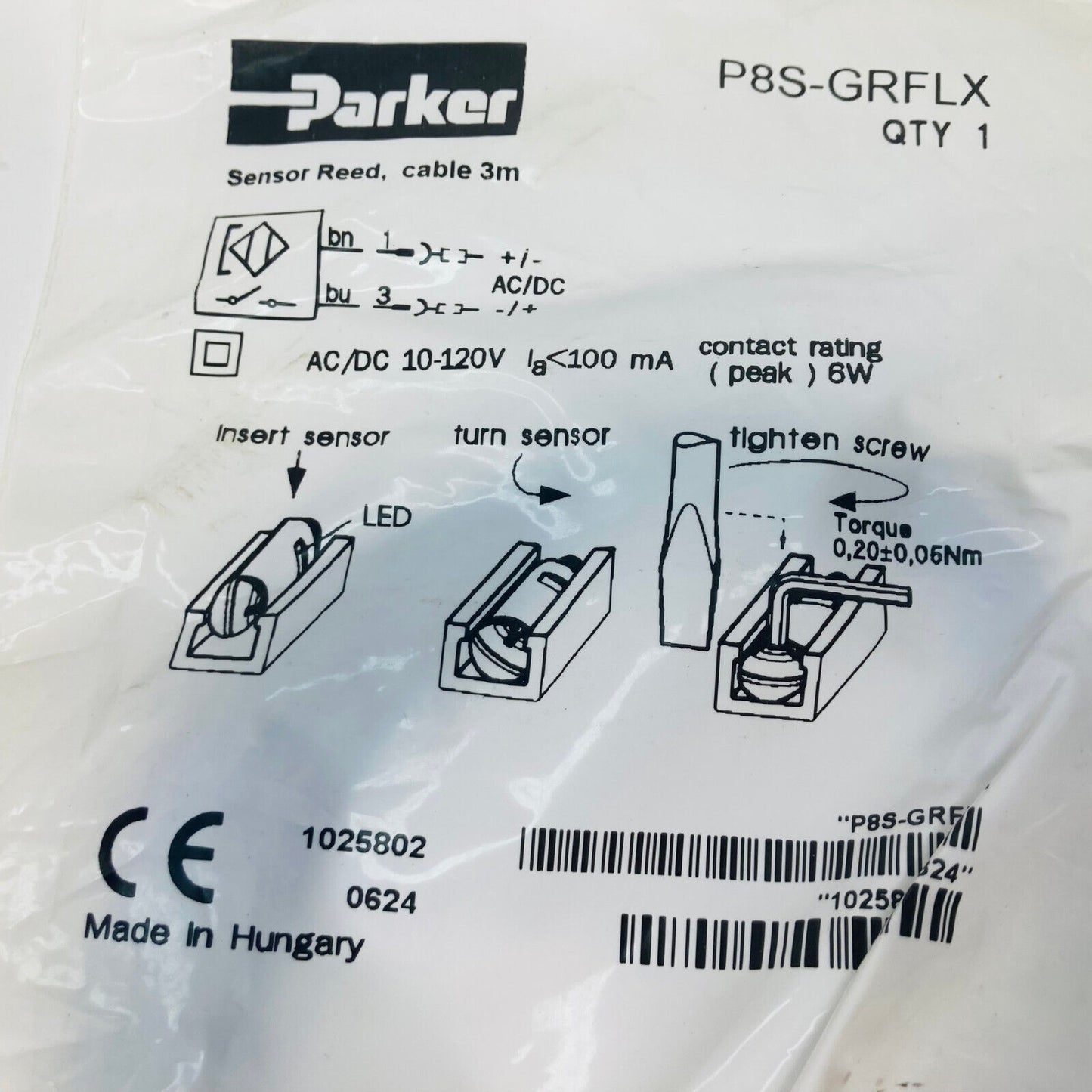 New Parker P8S-GRFLX Sensor Reed, 3m